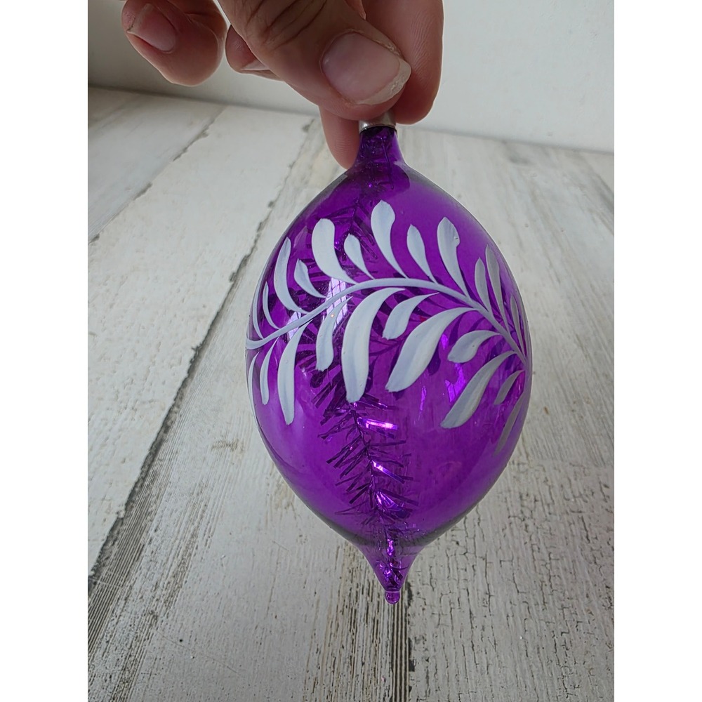 Vintage purple teardrop tinsel glass ornament Xmas tree